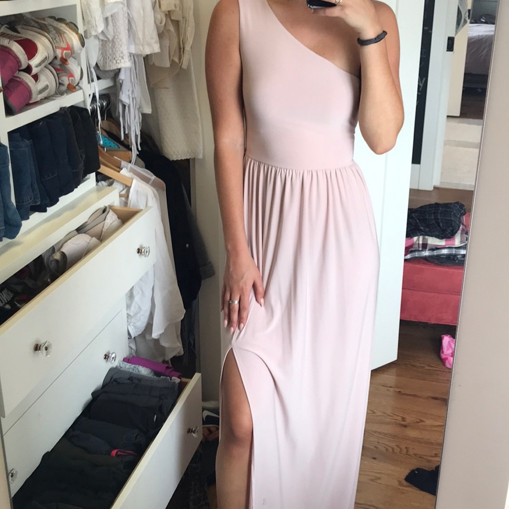 Light pink one shoulder long prom dress